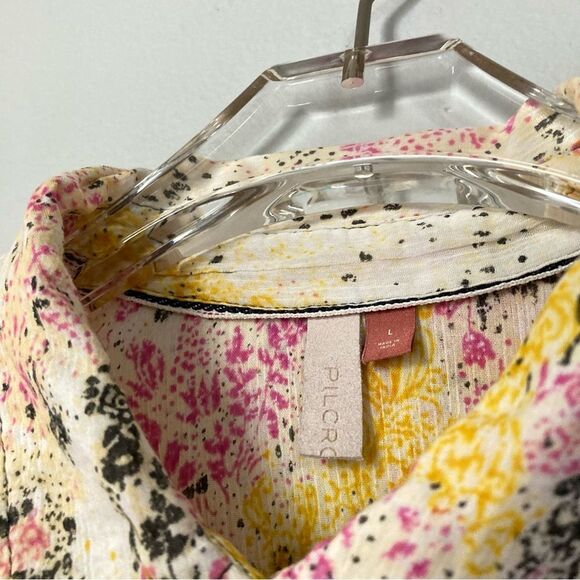Pilcro Smocked Buttondown Shirt Size Large Oversized Relaxed Speckled Floral - Picture 3 of 13